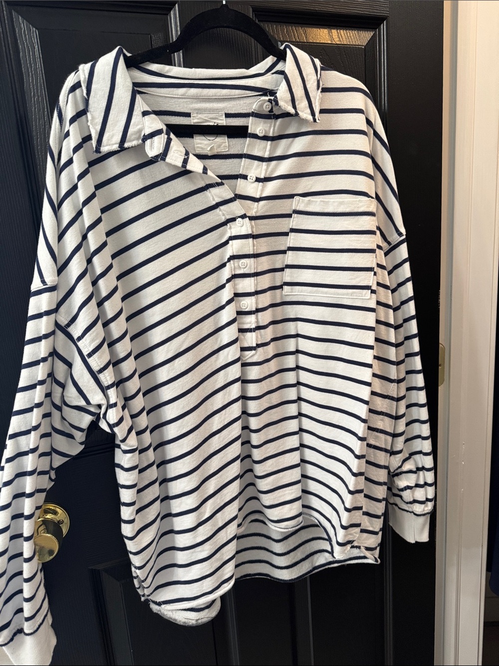 aerie White and Navy Striped Long-Sleeve Polo Shirt